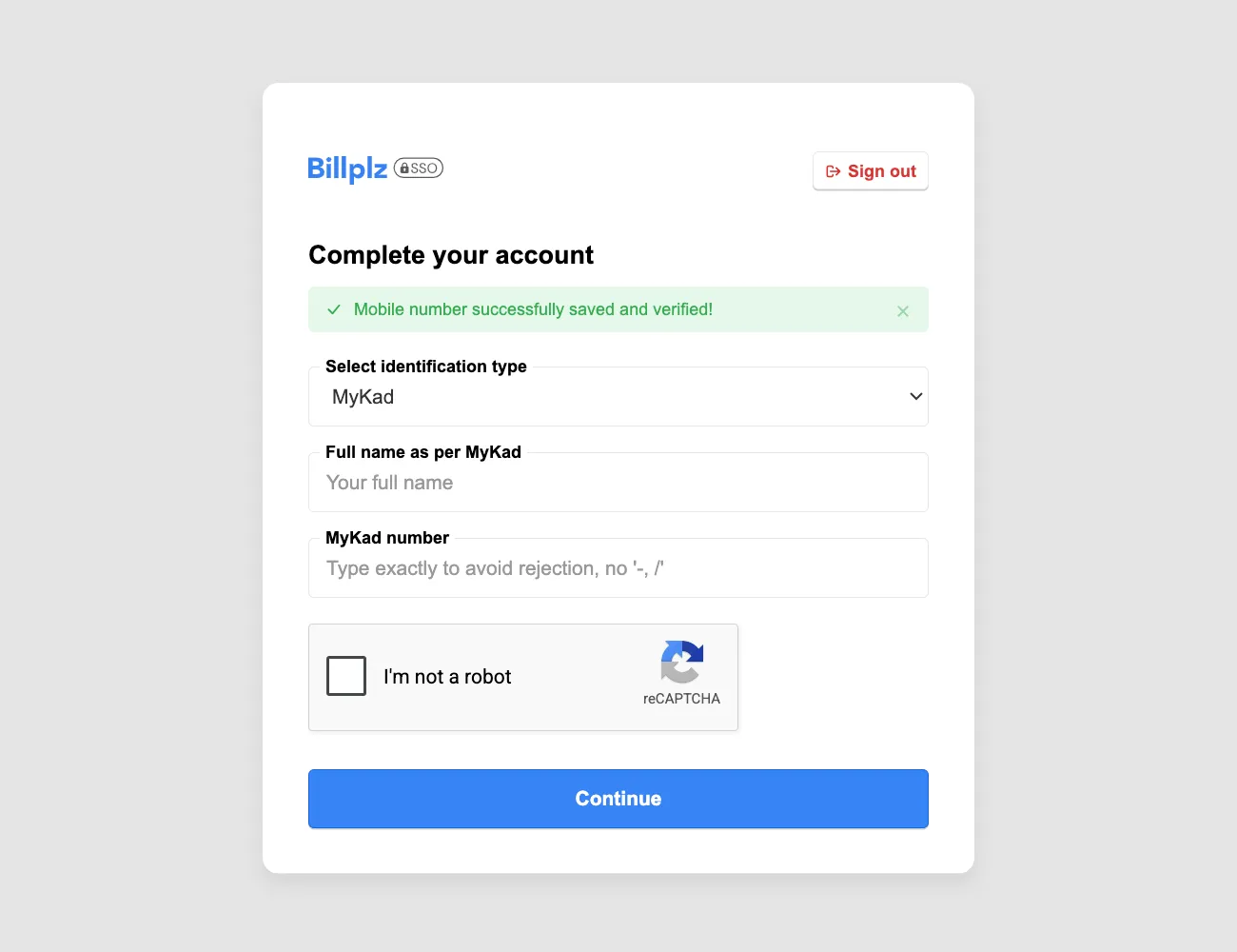 Billplz SSO - Complete your account screen with ID fields