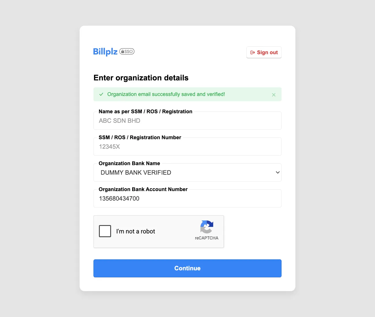 Billplz SSO - Enter organization details form