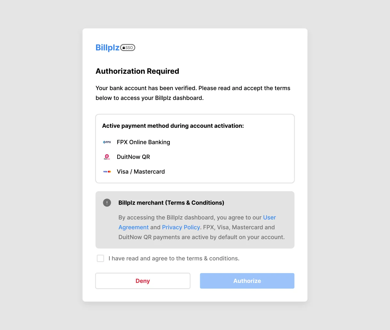 Billplz SSO - Authorization Required page showing payment methods and T&C