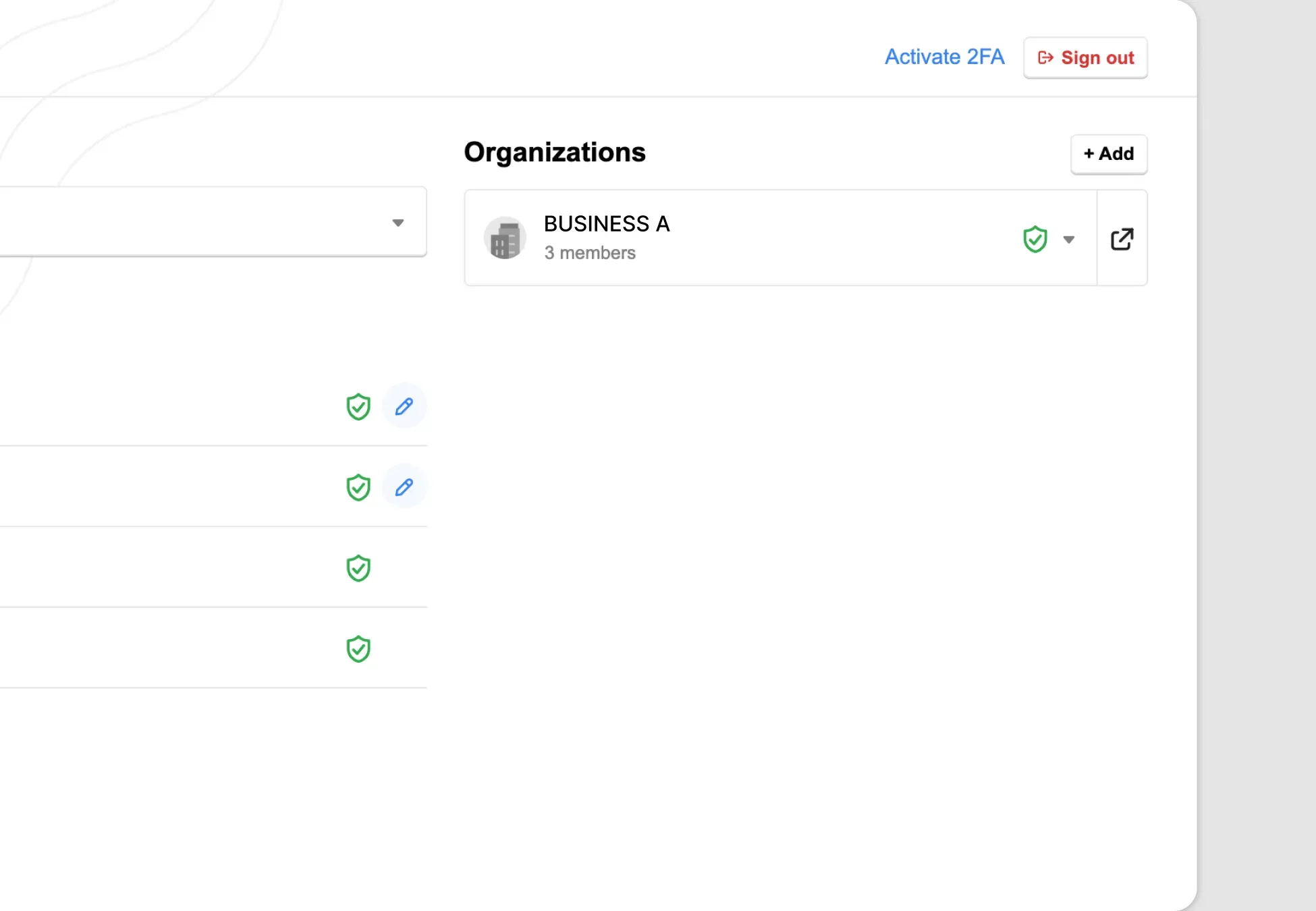 Billplz SSO Dashboard - Locating the "+ Add" button within the main Organizations section to register a new business entity.