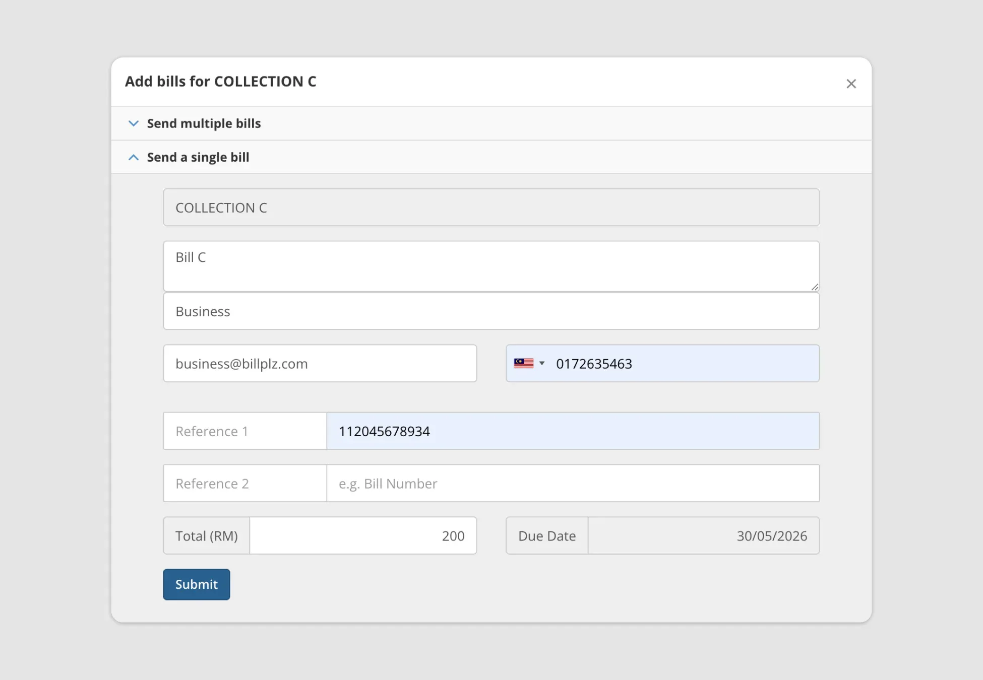 Billplz Bill Creation - Completing the individual billing form fields to dispatch a single payment request.