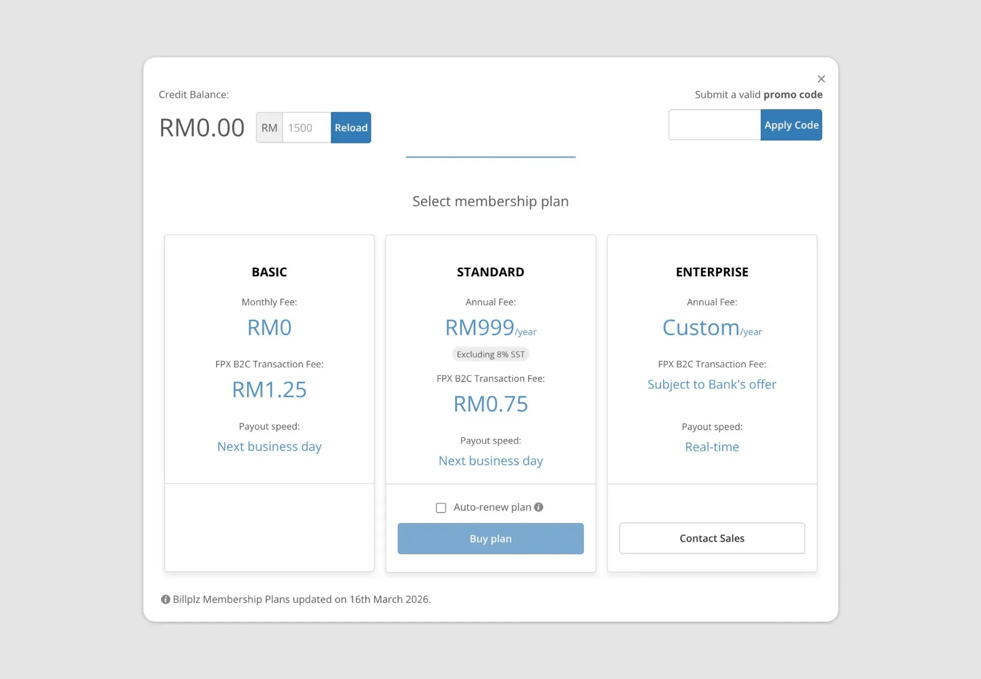 Billplz Membership Plans - Selection screen mapping out features and payout speeds across Basic, Standard, and Enterprise tiers.