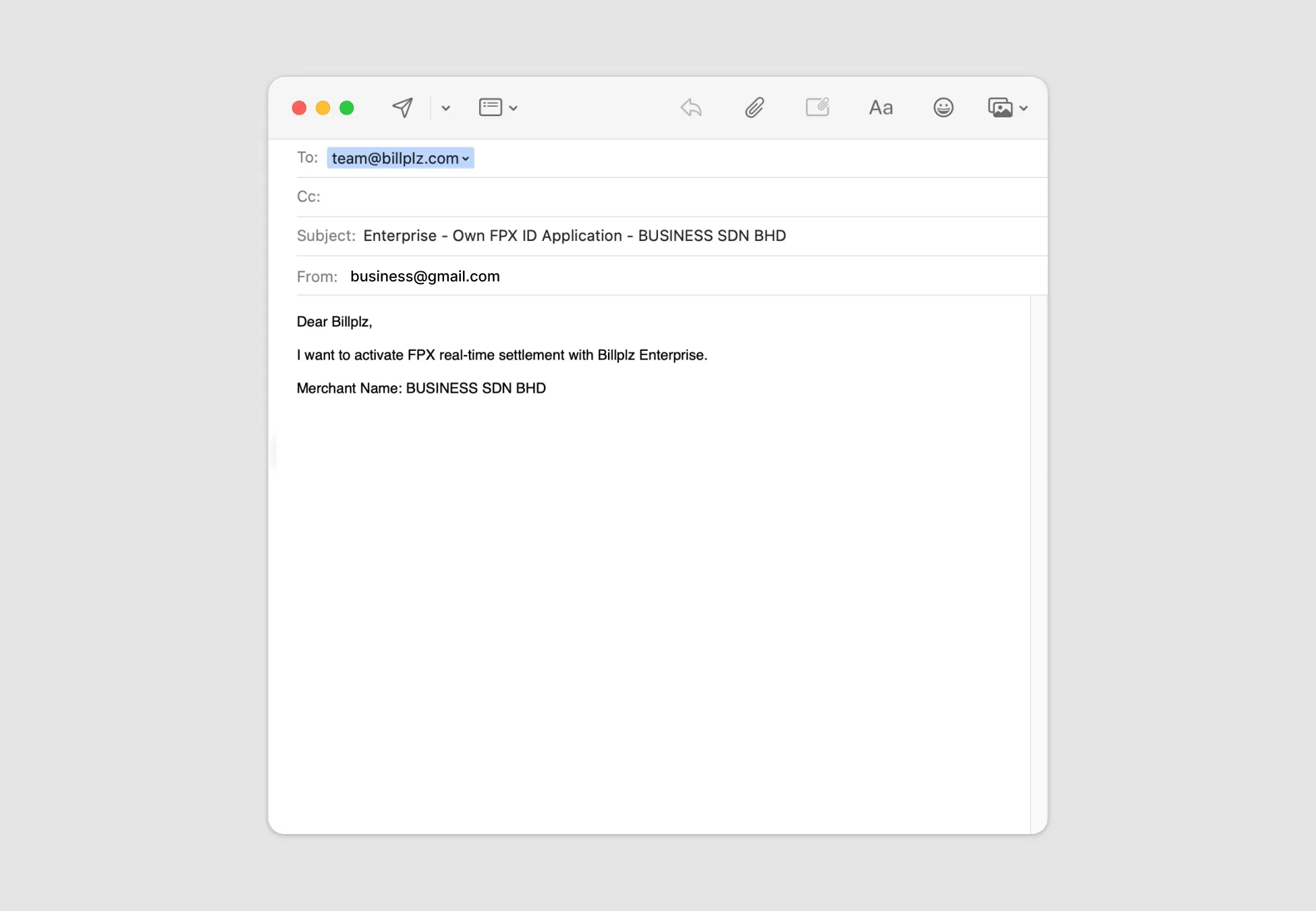 Billplz Email Application - Composition window detailing a custom activation request for the Enterprise tier.