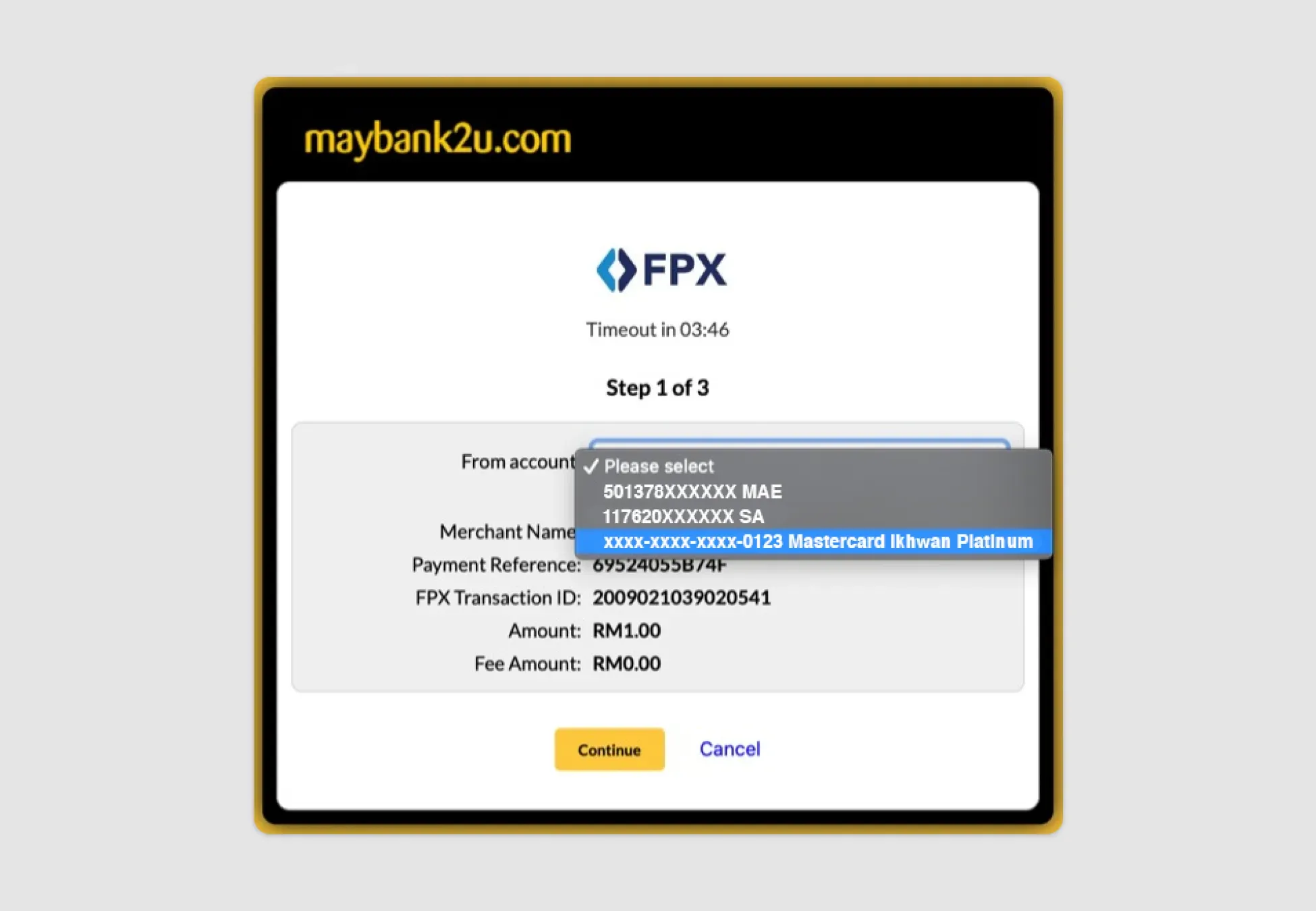 Maybank2u FPX Checkout - Customer account selection dropdown highlighting the choice to pay directly from a credit card facility (Mastercard Ikhwan Platinum).