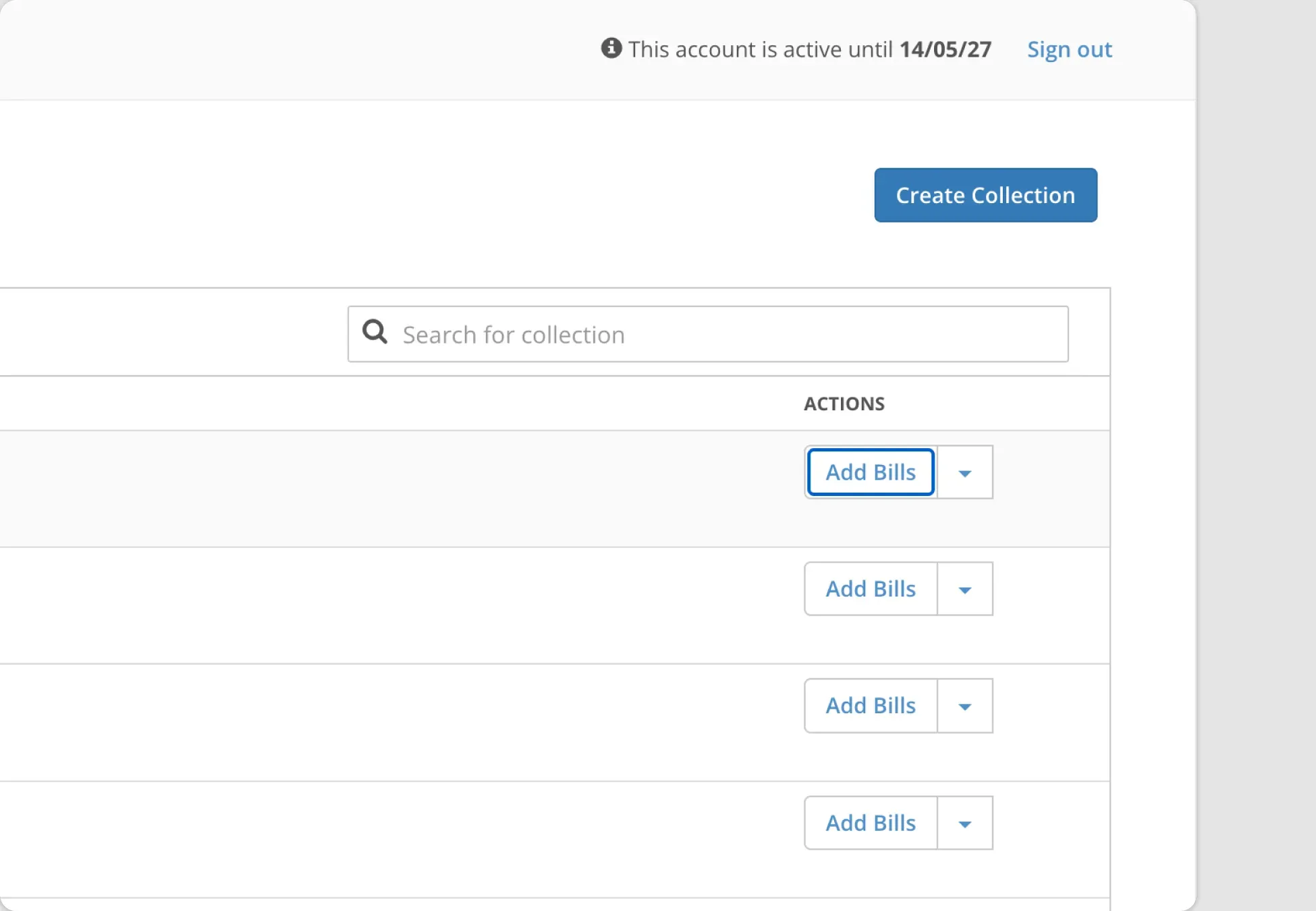Billplz Dashboard - Focused view of the Create Collection and Add Bills buttons.