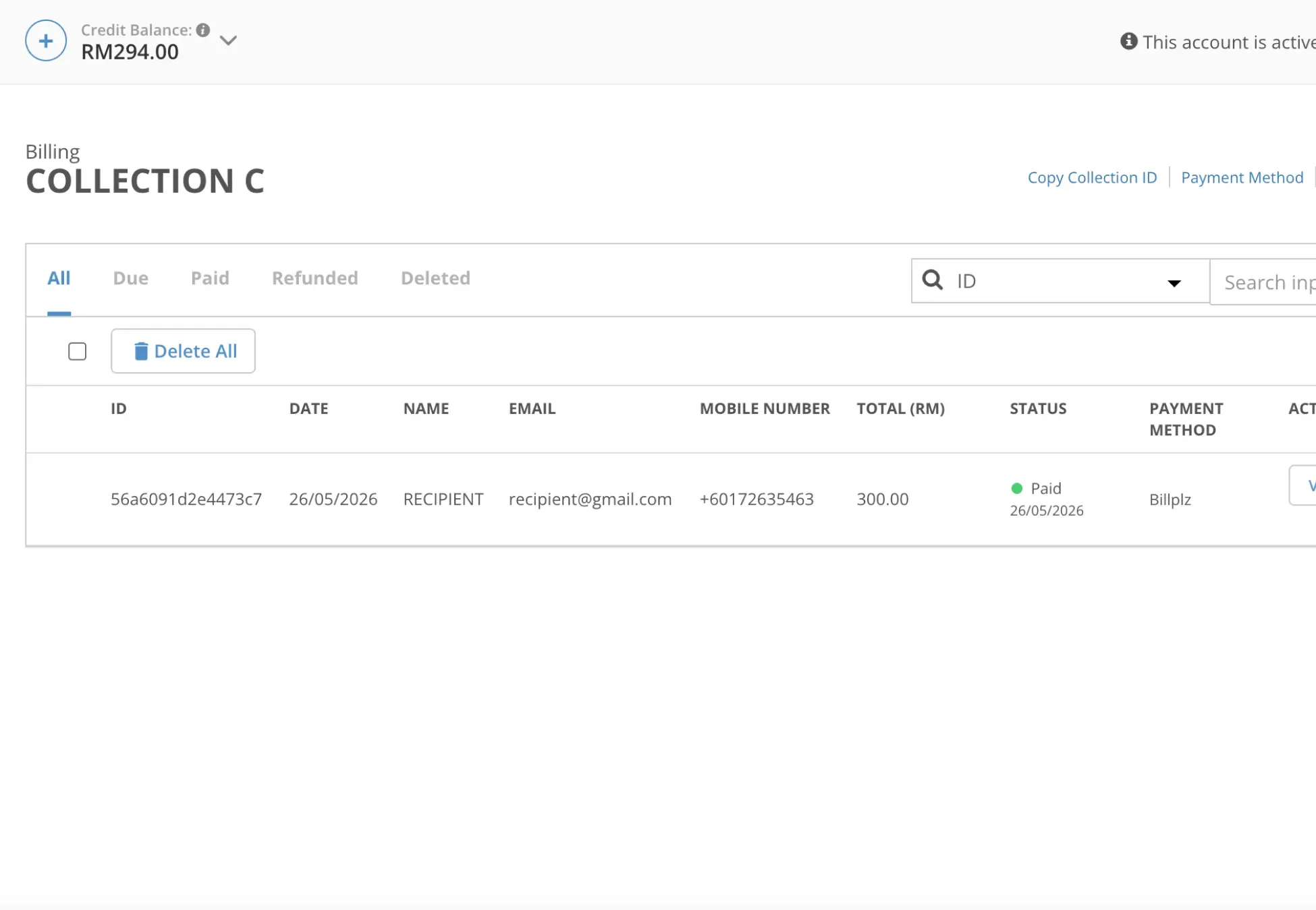 Billplz Collection Management - Viewing a specific transaction row inside "Collection C" to confirm the customer's payment details and the original bill amount.