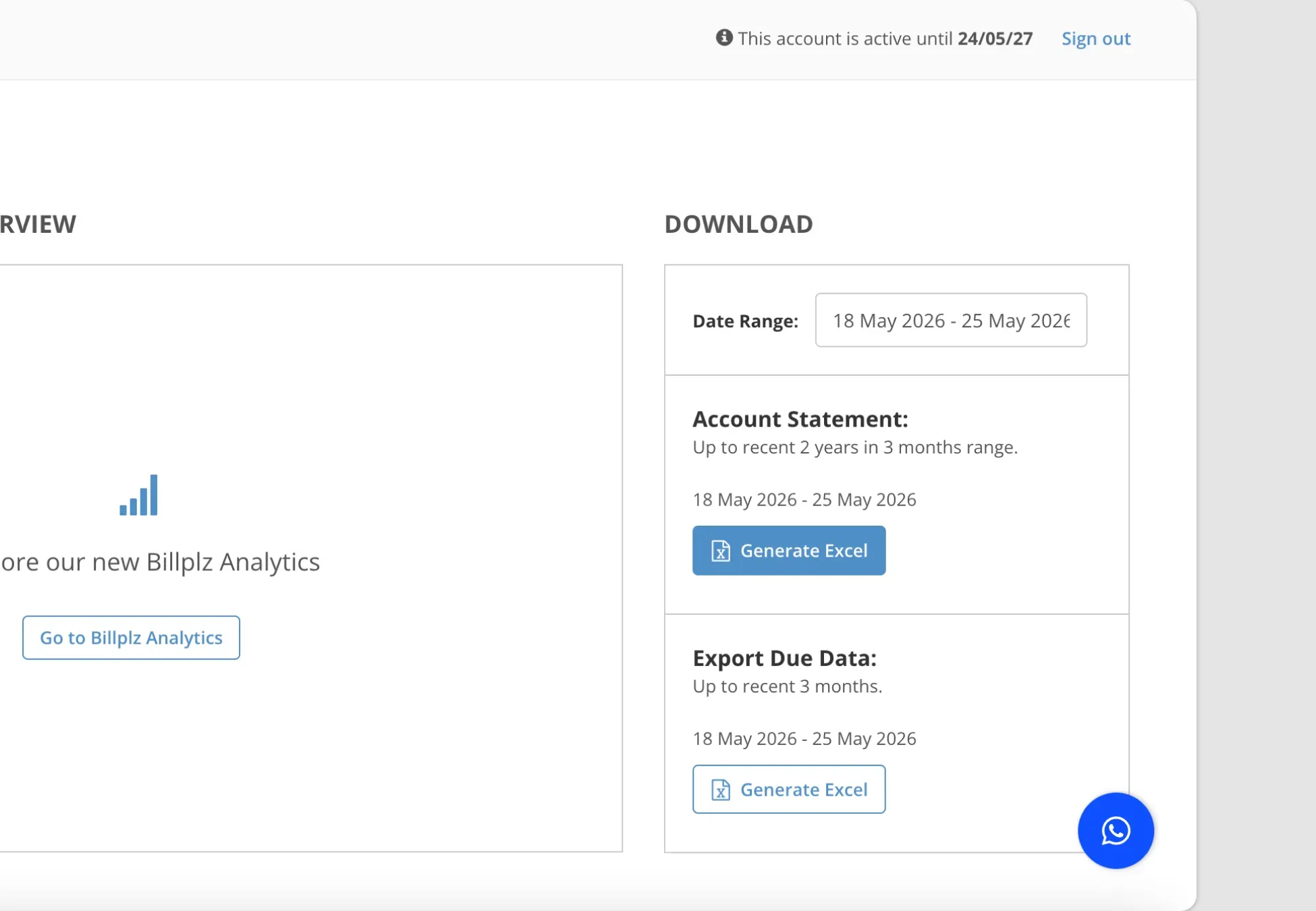 Billplz Dashboard - Downloading the Account Statement by selecting a specific date range and clicking Generate Excel.