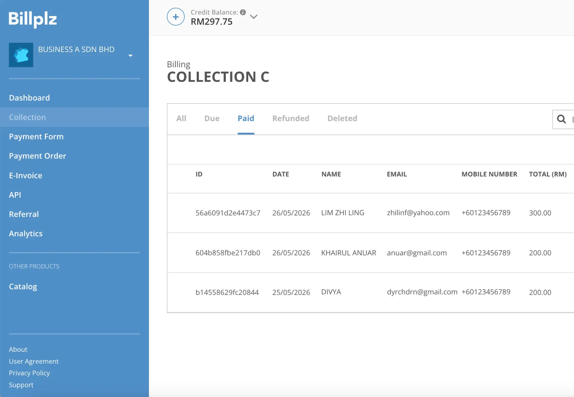 Billplz Collection Management - Viewing the billing records table filtered specifically by the green "Paid" status tab.