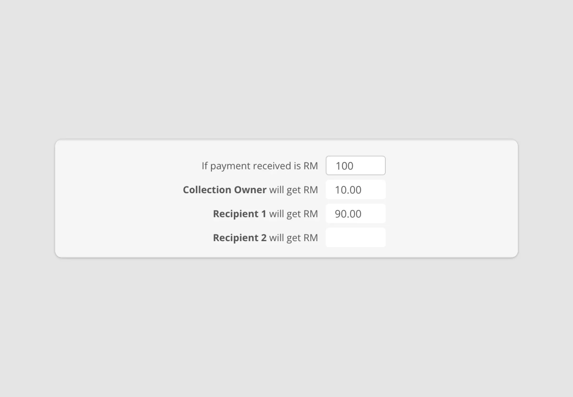 Billplz Split Rule - Live calculation preview showing the payment distribution based on an RM100 sample.