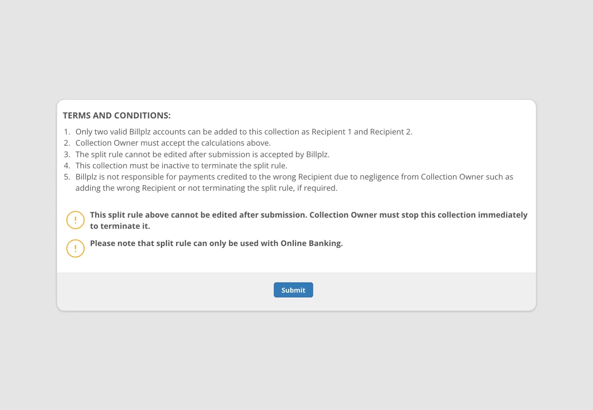 Billplz Split Rule - Terms and conditions modal with final Submit button.