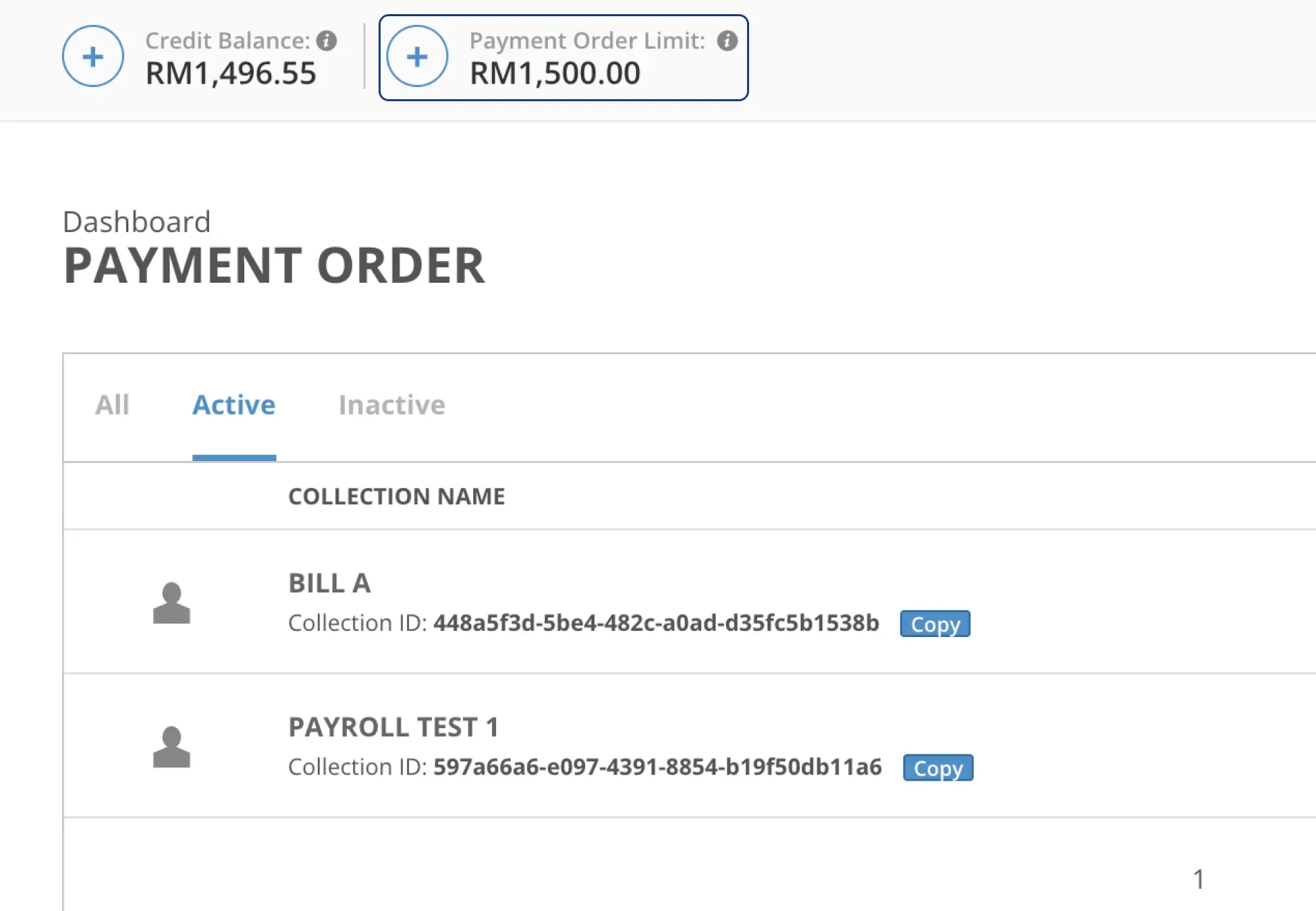 Billplz Dashboard Header - Highlighting the plus button next to the Payment Order Limit to trigger a reload.