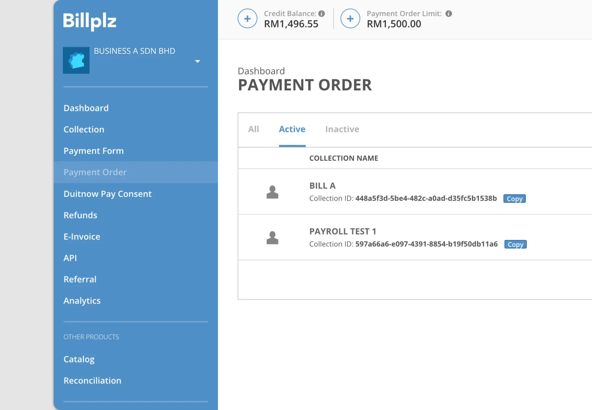 Billplz Dashboard - Merchant view showing current Credit Balance and Payment Order Limit in the top header.