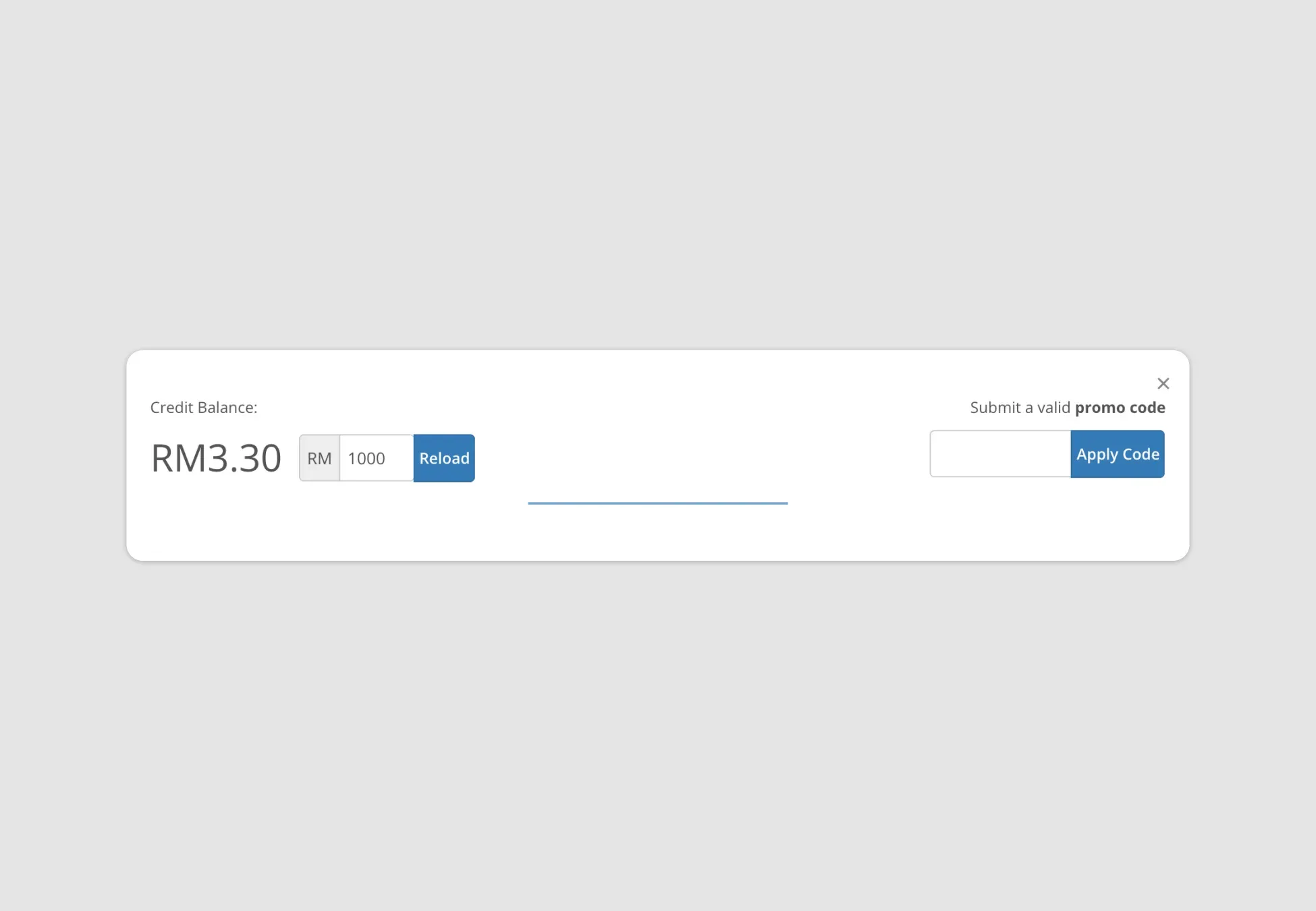 Billplz Credit Balance Modal - Pop-up window with an amount field to reload credit or apply a promo code.