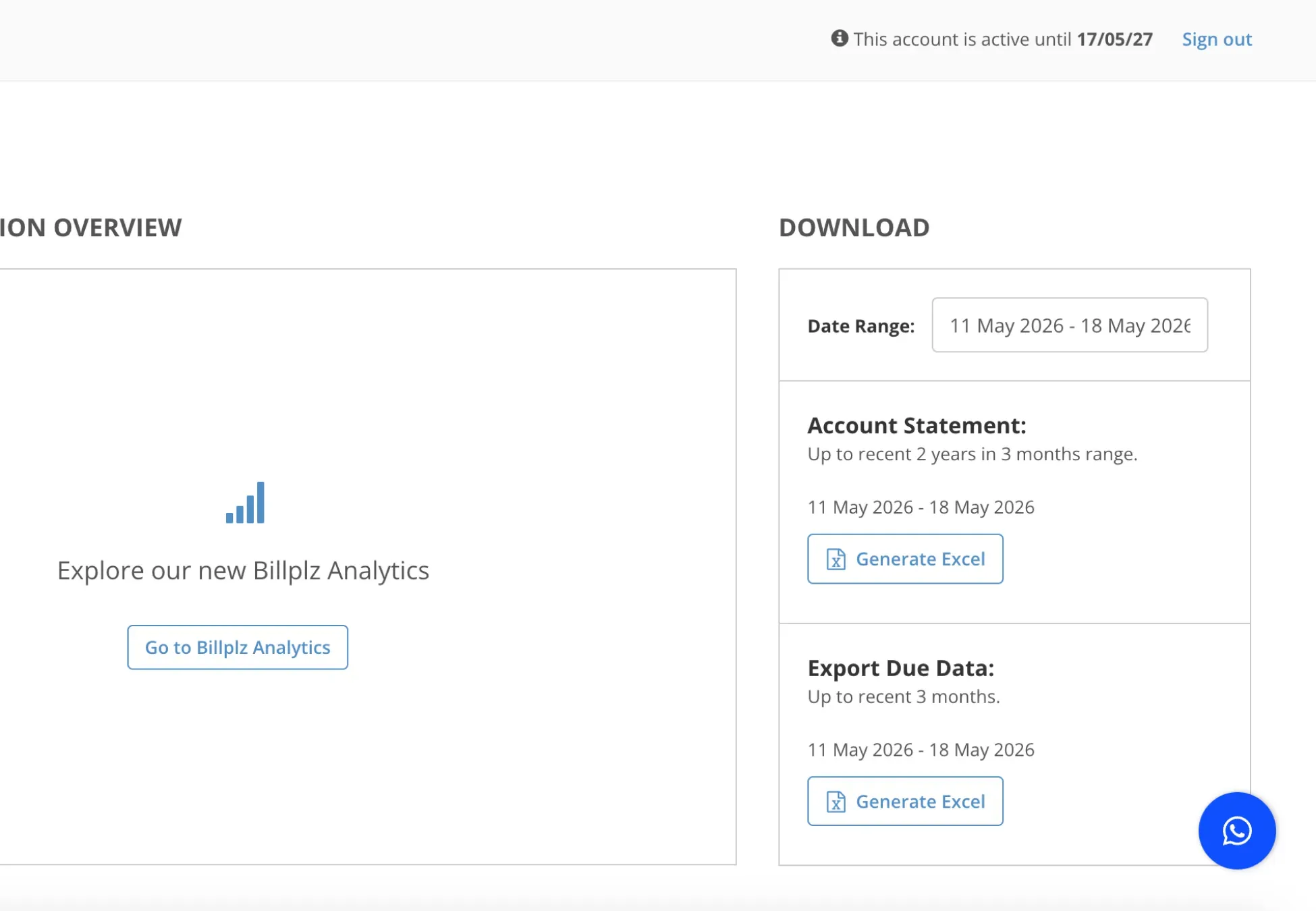Billplz Dashboard - Download interface showing the date range entry field and Account Statement request options.