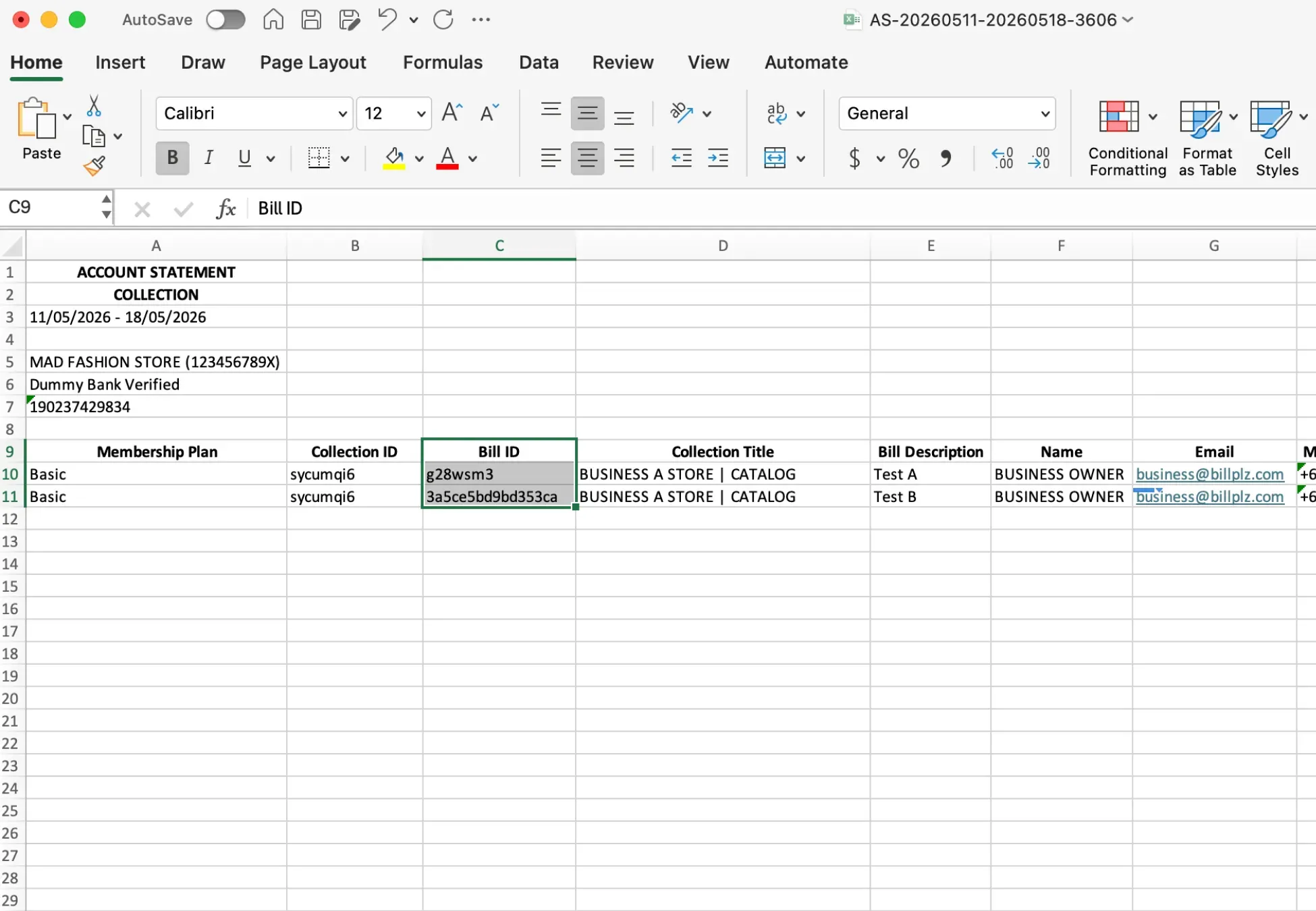 Billplz Account Statement - Excel worksheet view displaying customer billing records with the Bill ID column selected.
