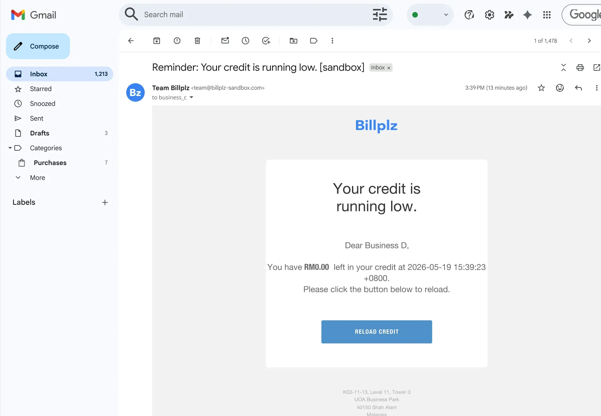Billplz Email Notification - Automated low credit alert email from the system featuring a direct reload call to action.