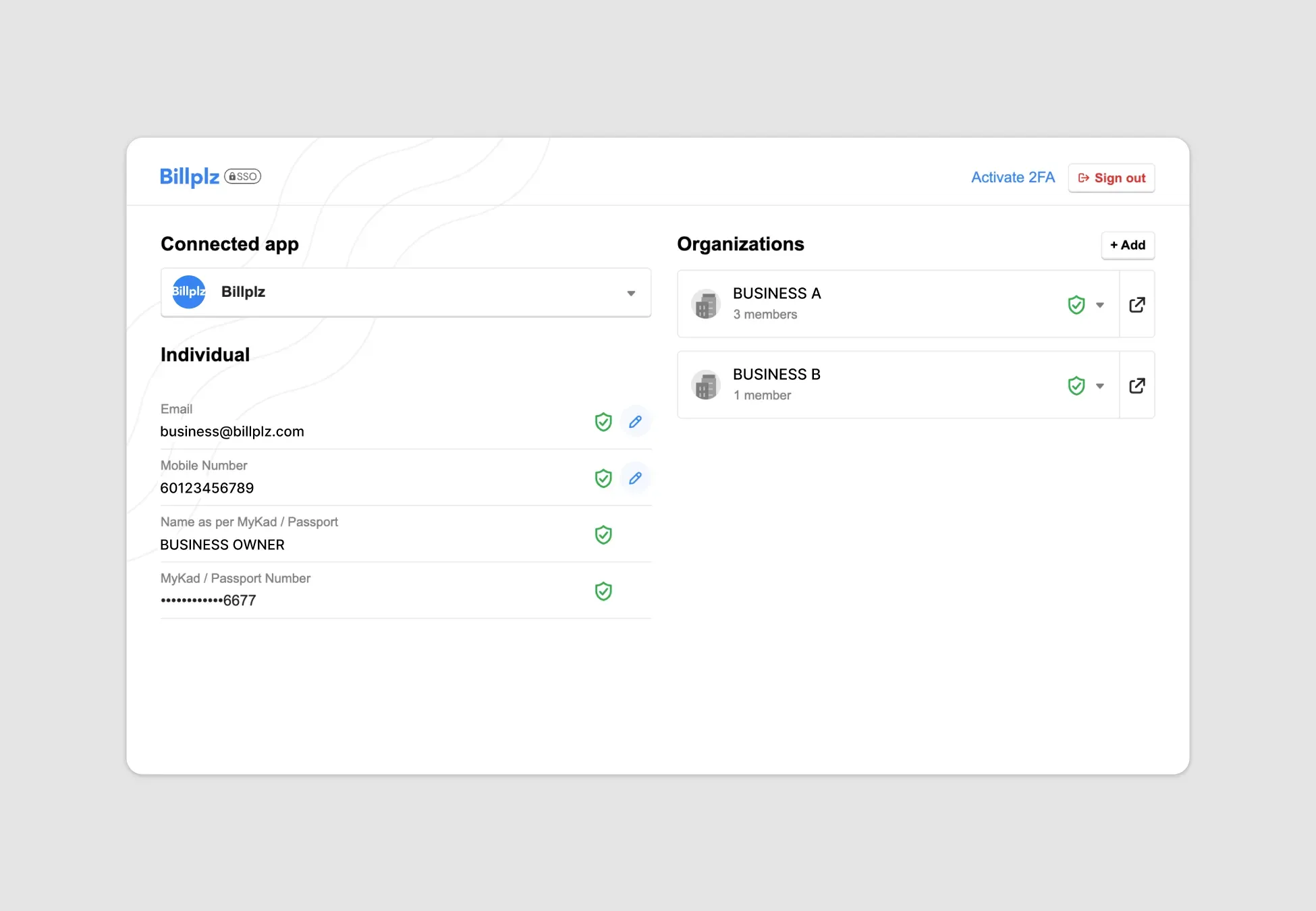 Billplz SSO Dashboard - Individual profile section displaying verified registration details and account organizations.
