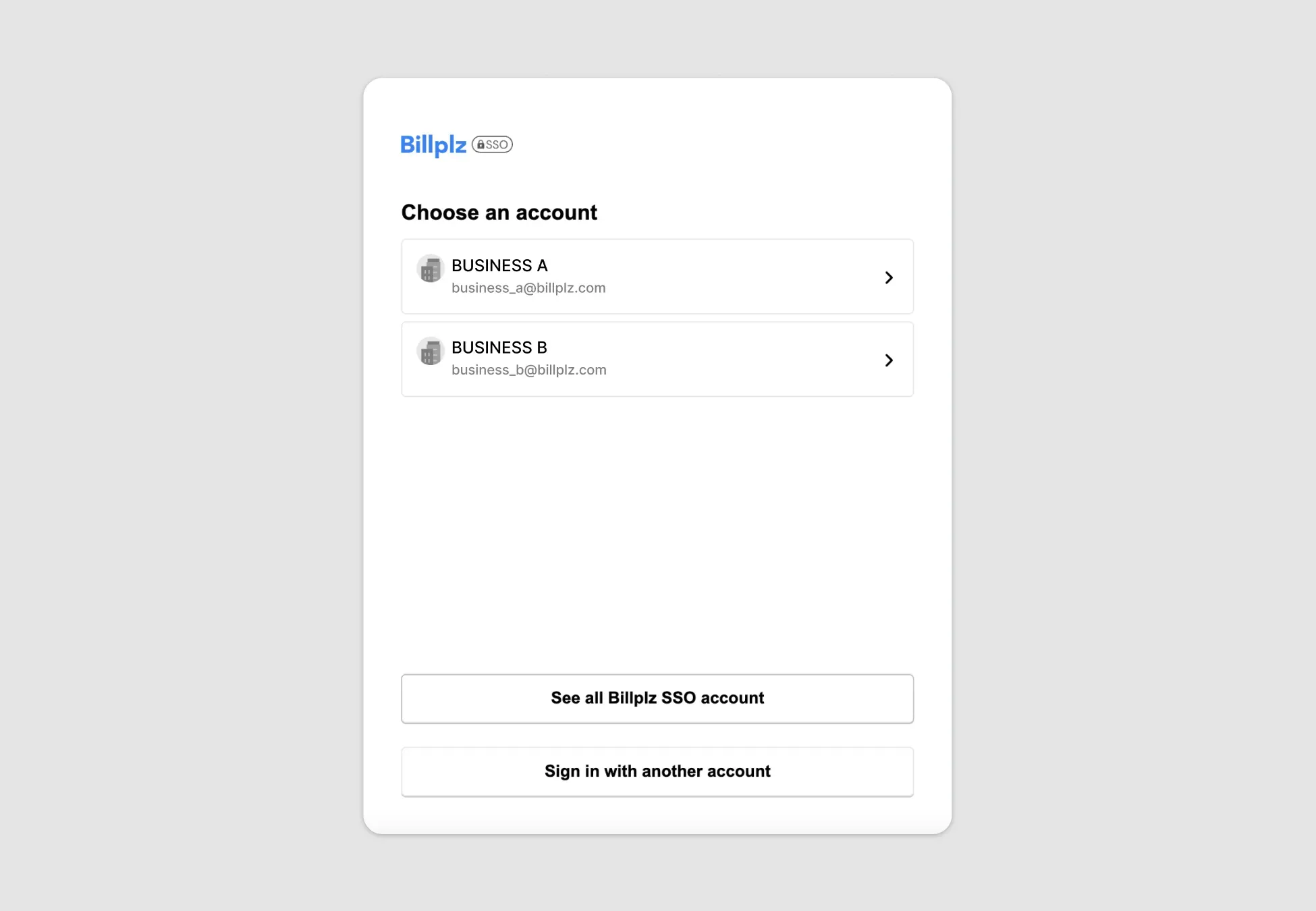 Billplz SSO Account Selection - Login portal screen prompting the user to choose an account profile to proceed.