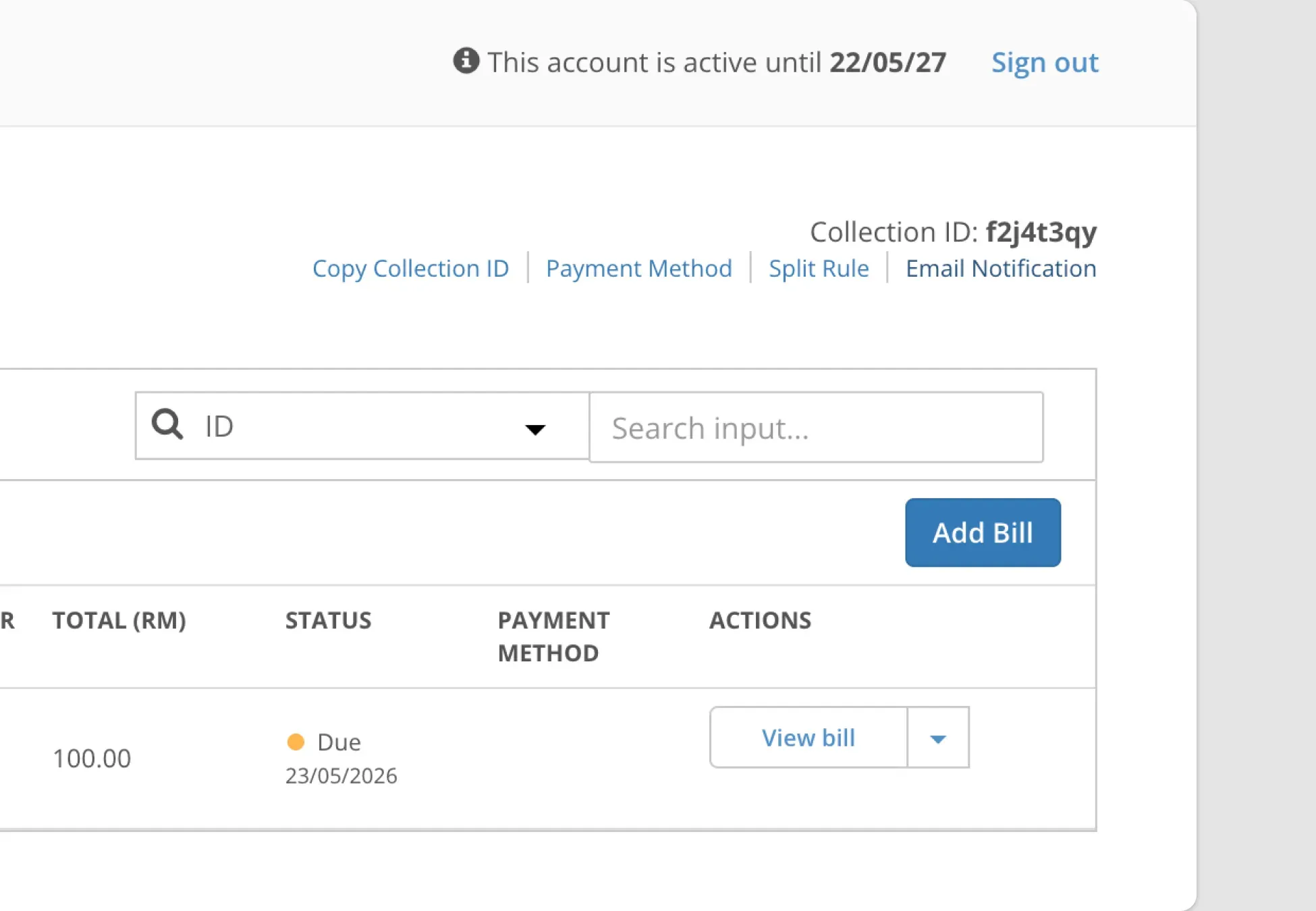Billplz Collection Management - Selecting the specialized "Email Notification" hyperlink settings from inside an individual payment collection panel.