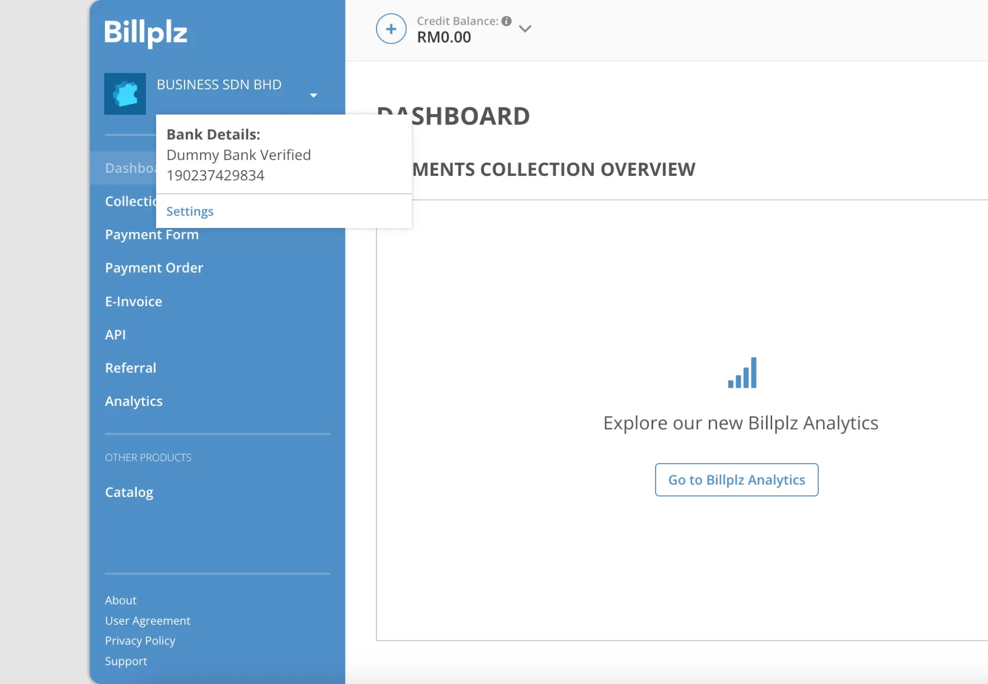 Billplz Dashboard - Expanding the left navigation menu header options to access the organization's backend settings panel.