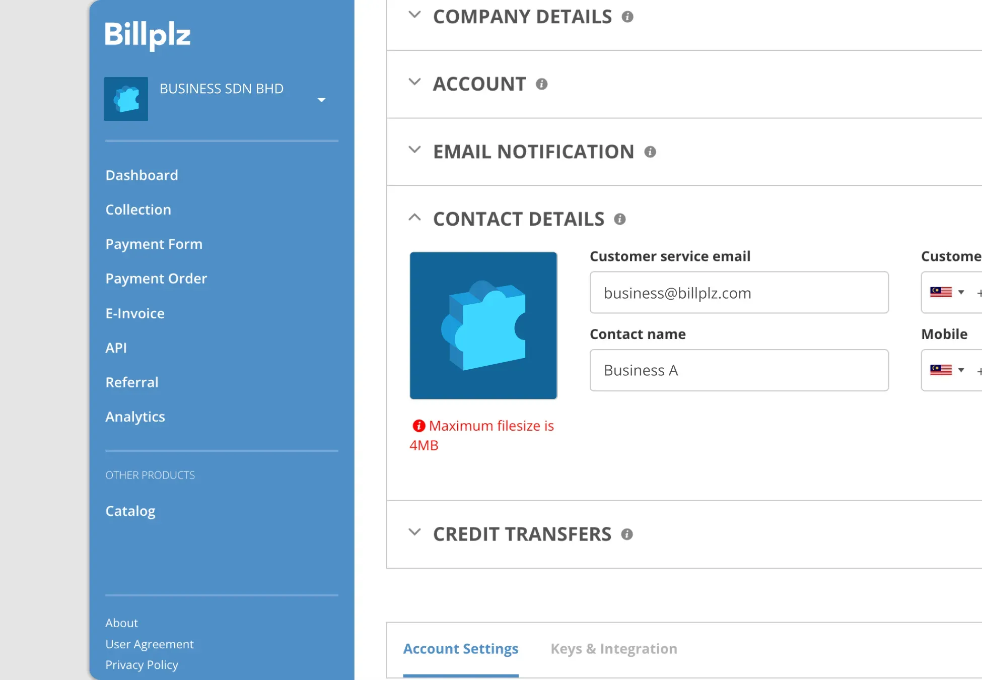 Billplz Contact Details - Account Settings page highlighting the merchant logo section alongside customer service input fields.