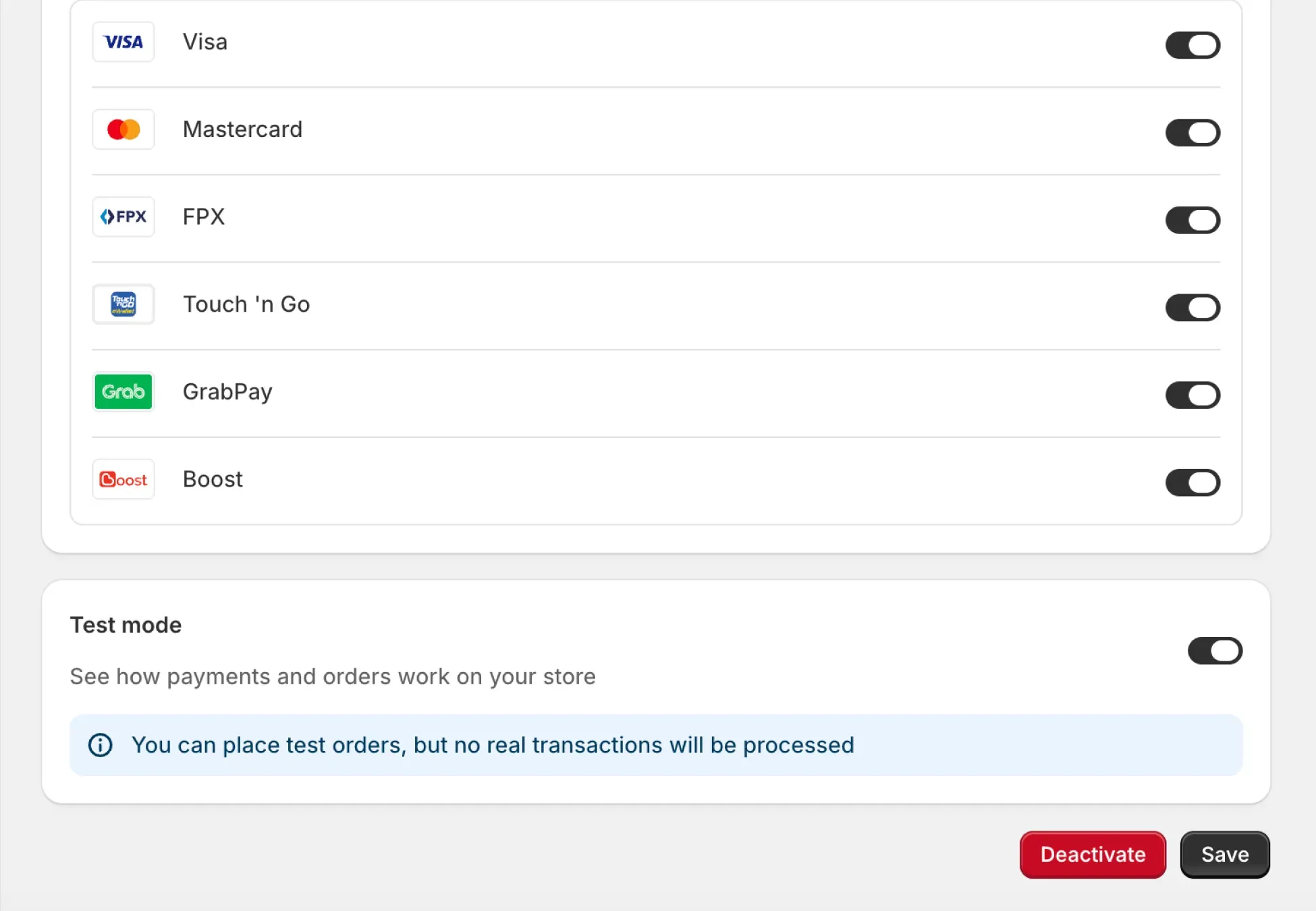 Shopify Test Mode Configuration - Active testing notice bar highlighting that the gateway is configured to process mock transactions.