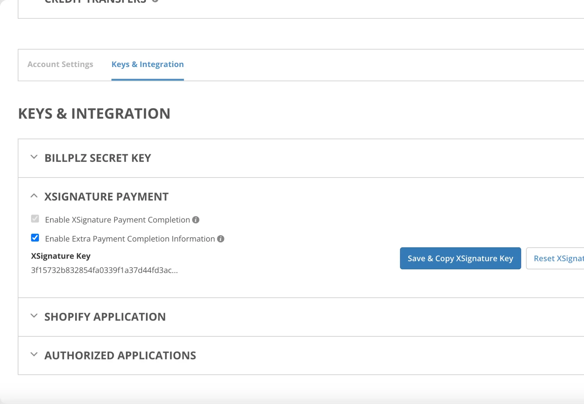 Billplz Keys & Integration - Checking the box for "Enable Extra Payment Completion Information" to generate the XSignature Key.