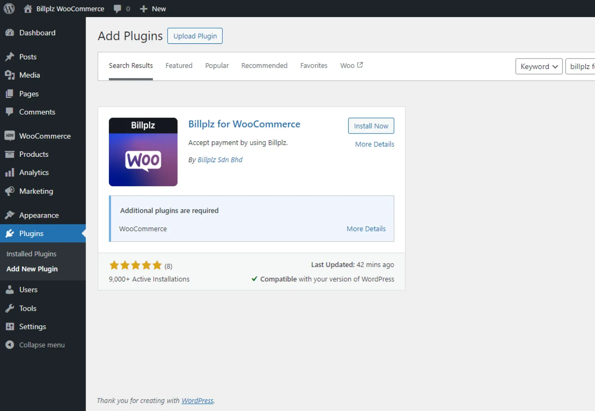 WooCommerce Plugin Search - Locating the official Billplz for WooCommerce plugin within the WordPress Add Plugins directory.