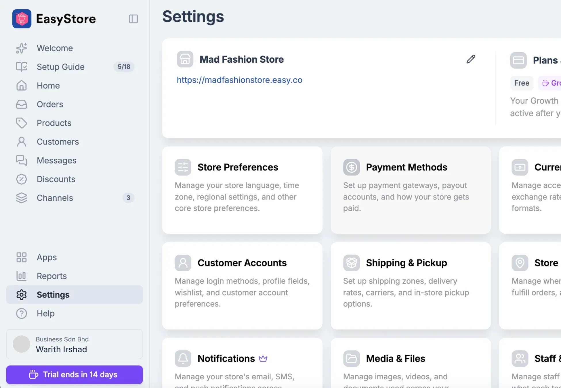 EasyStore Settings - Navigating to the admin core store preferences panel to locate the Payment Methods option.