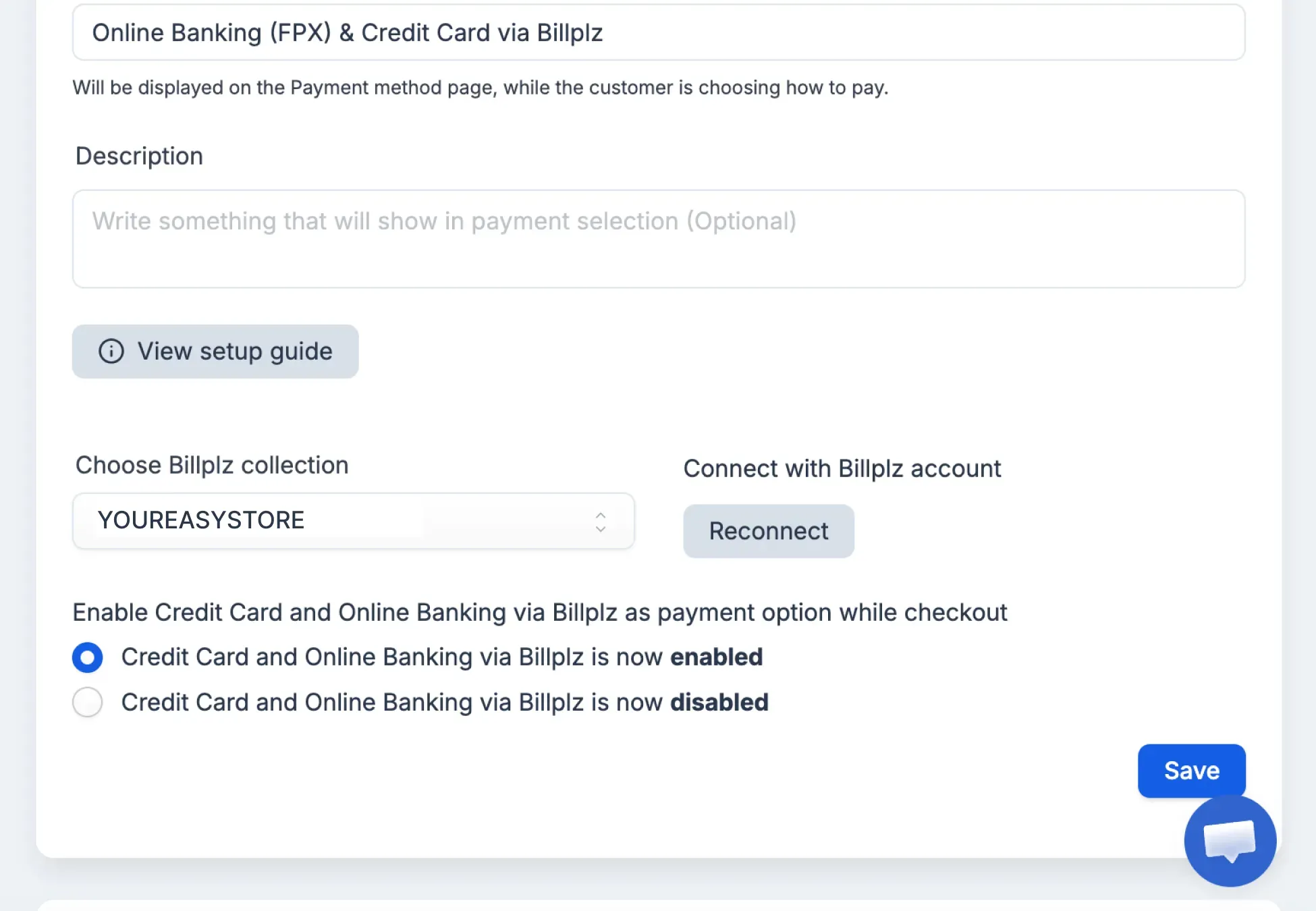 EasyStore Billplz Settings - Selecting an active collection from the dropdown menu and verifying that the payment gateway is toggled to enabled.
