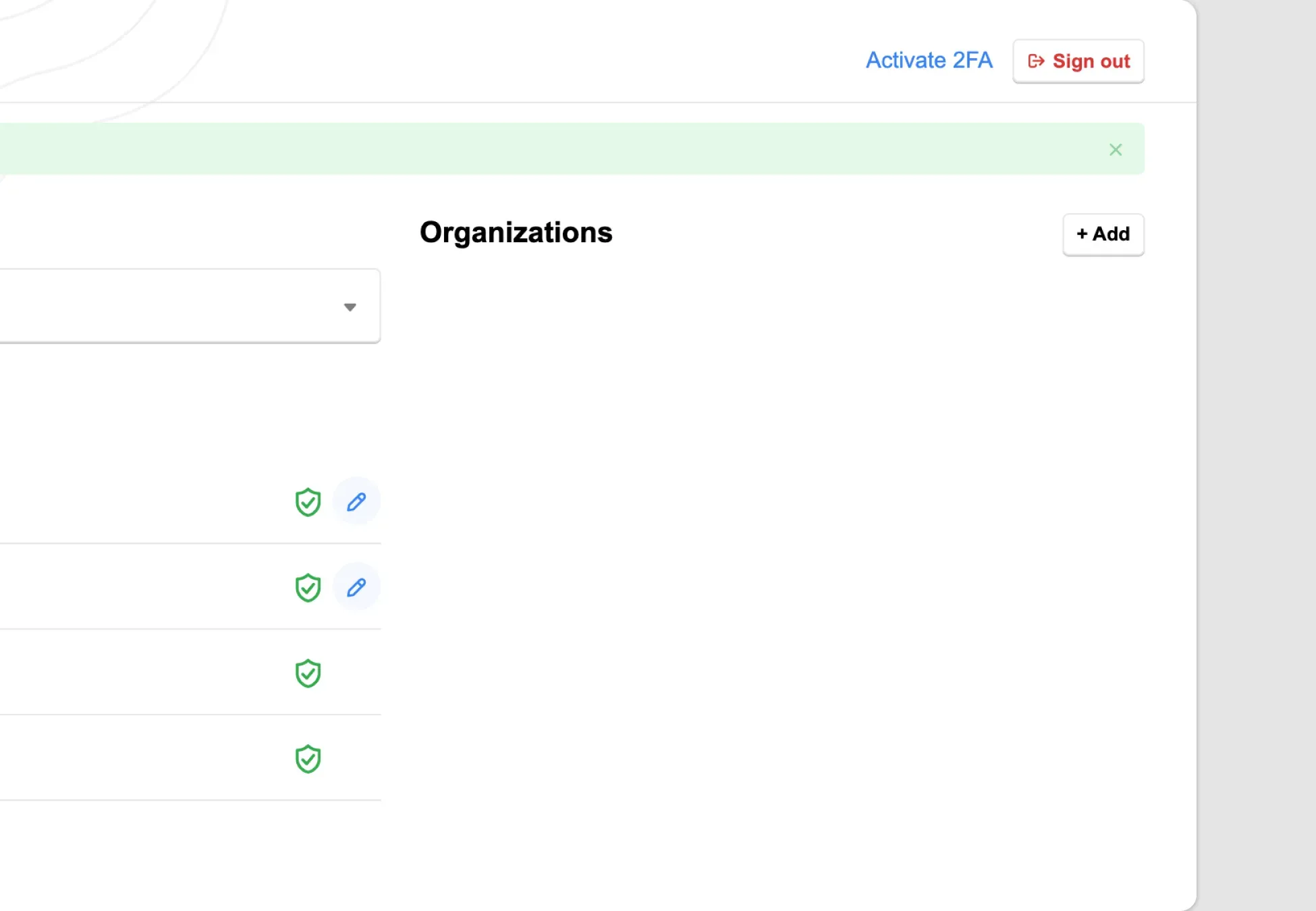 Billplz SSO Dashboard - Empty single sign-on landing screen showing an empty Organizations panel and a "+ Add" button.