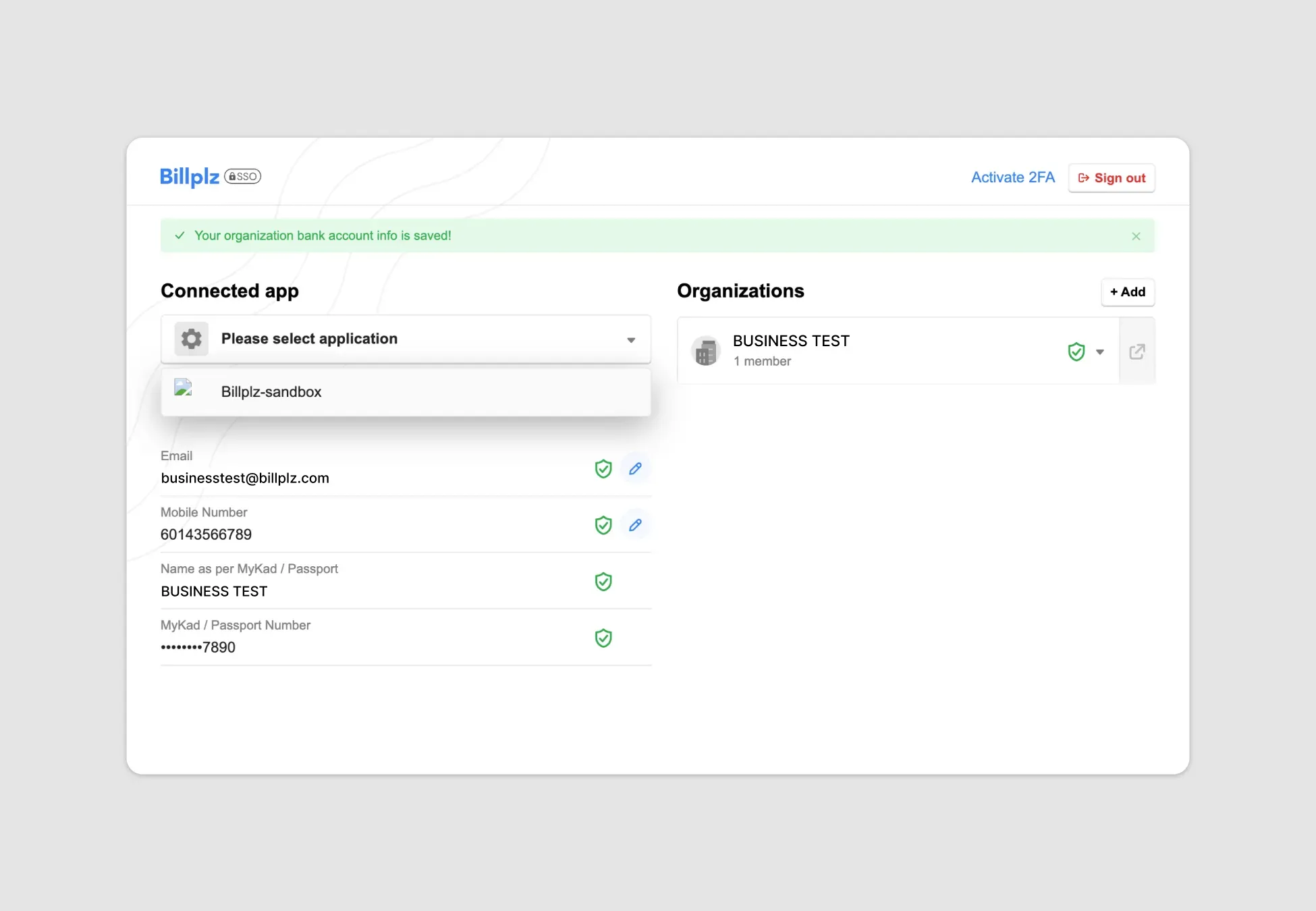 Billplz App Connection - SSO panel displaying a saved organization banner and a drop-down selector to choose the connected application destination.
