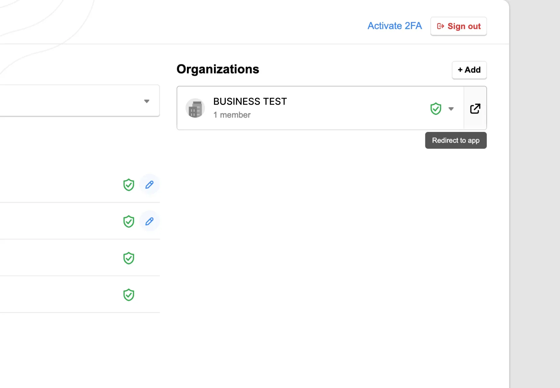 Billplz SSO Profile - Complete organization view displaying the active "BUSINESS TEST" card alongside a hover tooltip on the shortcut icon reading "Redirect to app".