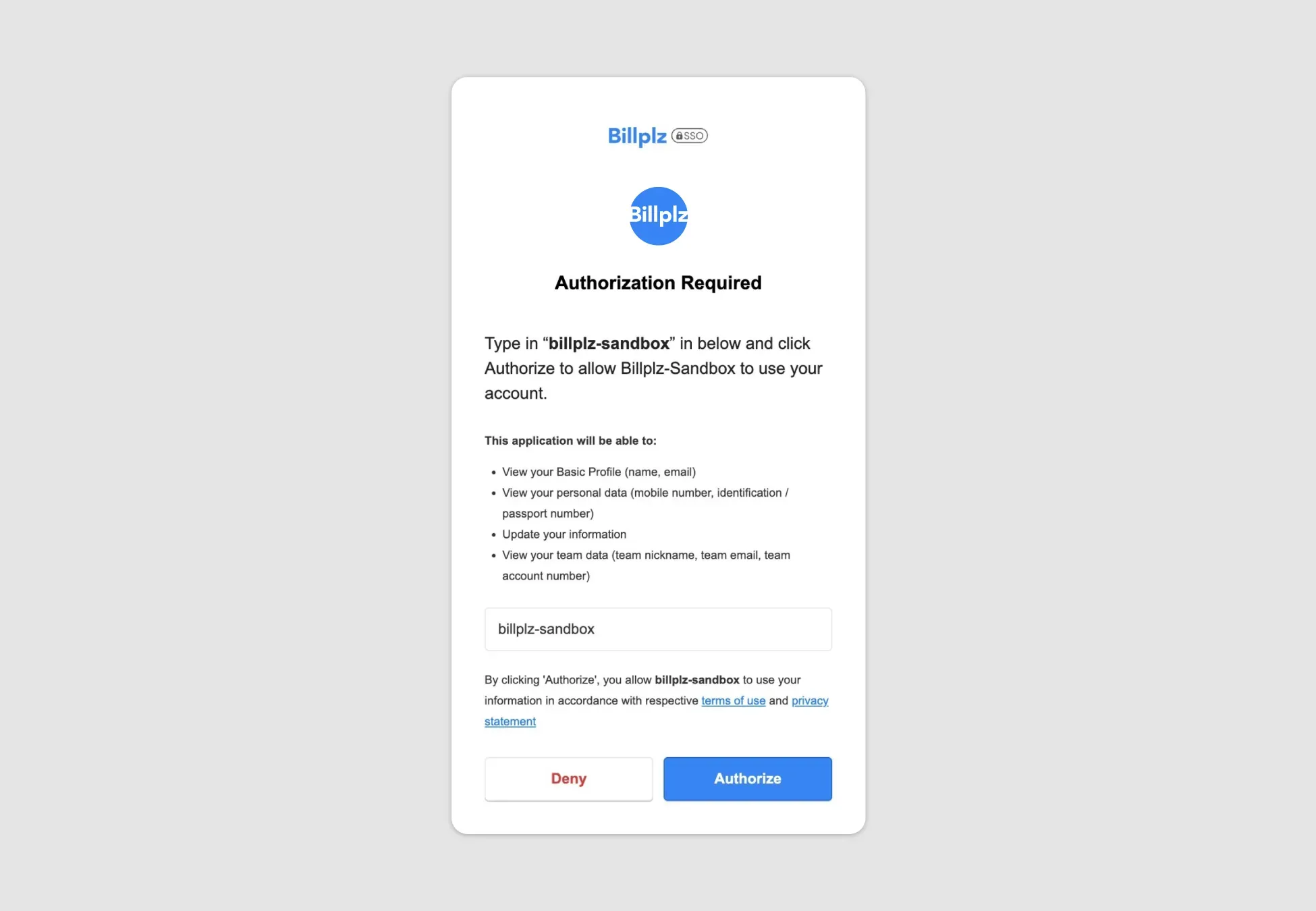 Billplz Authorization Portal - Access permission screen requiring the user to type "billplz-sandbox" into the entry field to grant system rights.
