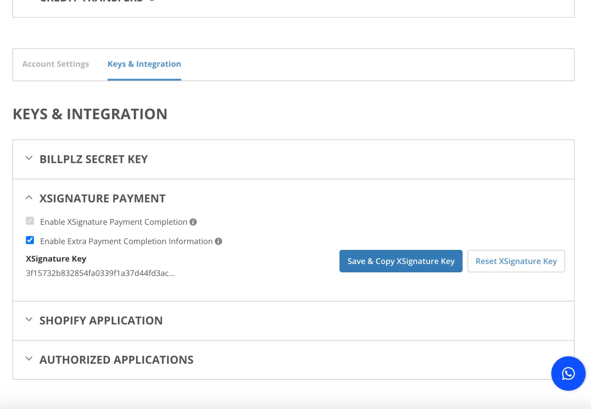 Billplz Keys & Integration - Checking the box for "Enable Extra Payment Completion Information" to generate and copy the XSignature Key.