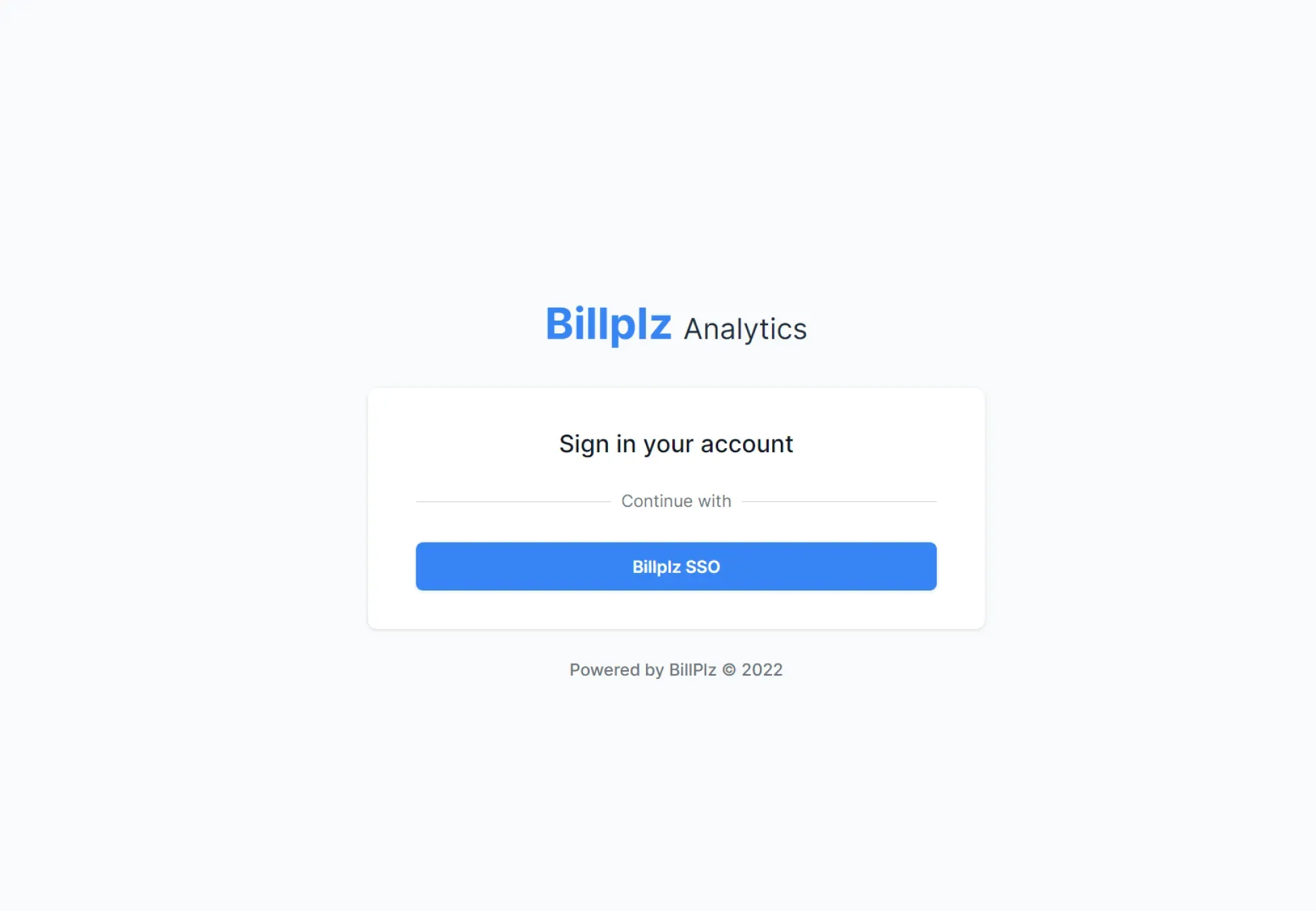 Billplz Analytics Sign In - Gateway landing screen prompting users to click the blue Billplz SSO authentication button.